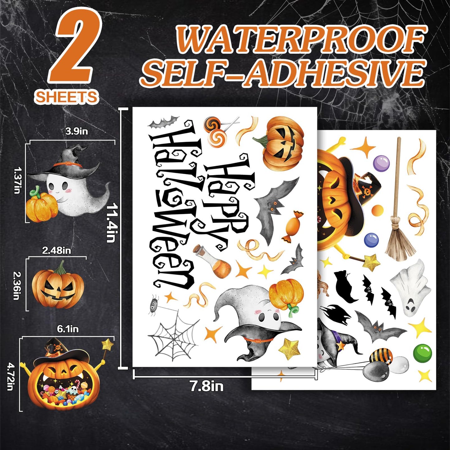 39Pcs Halloween Wall Stickers Cute Ghost Pumpkin Wall Decals Watercolor Peel and Stick Vinyl Decals Self-Adhesive Halloween Window Clings for Party Supplies Gift