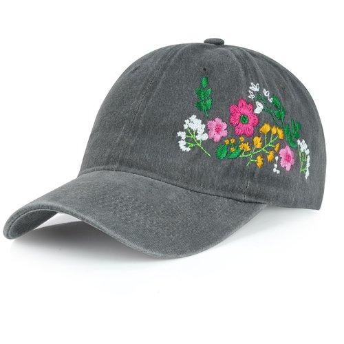 HOVEOX Flower Baseball Cap Embroidered Hat Baseball Cap Women's Hats Trendy Embroided Flower Gift for Woman Grey