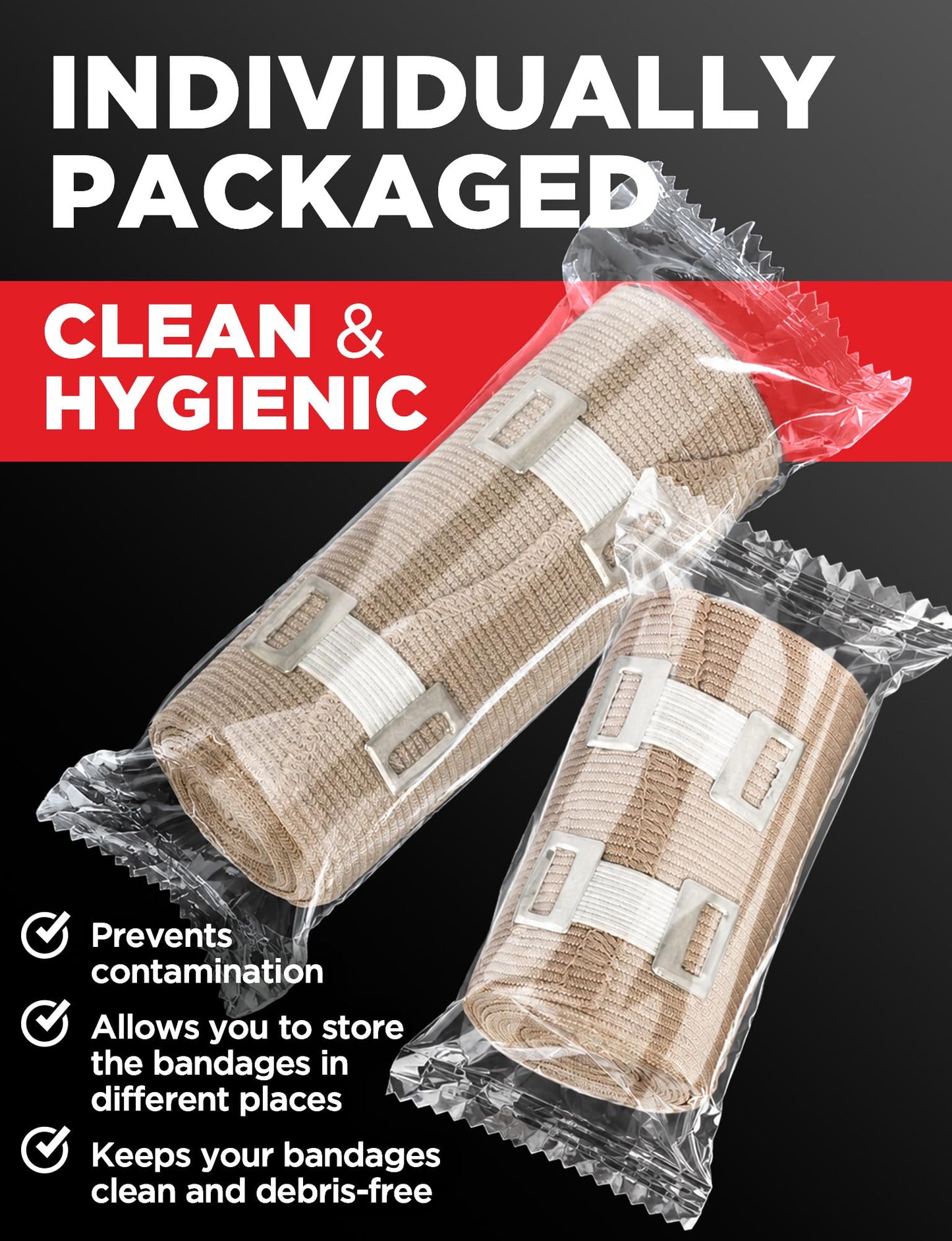 Premium Elastic Bandage Wrap - 4pk (2x3in, 2x4in) + 12 Extra Clips - Strong Compression Bandage Wrap for Leg, Arm, Wrists, Elbow, Ankles, Feet and Knees - for First Aid Kit and After Surgery Recovery