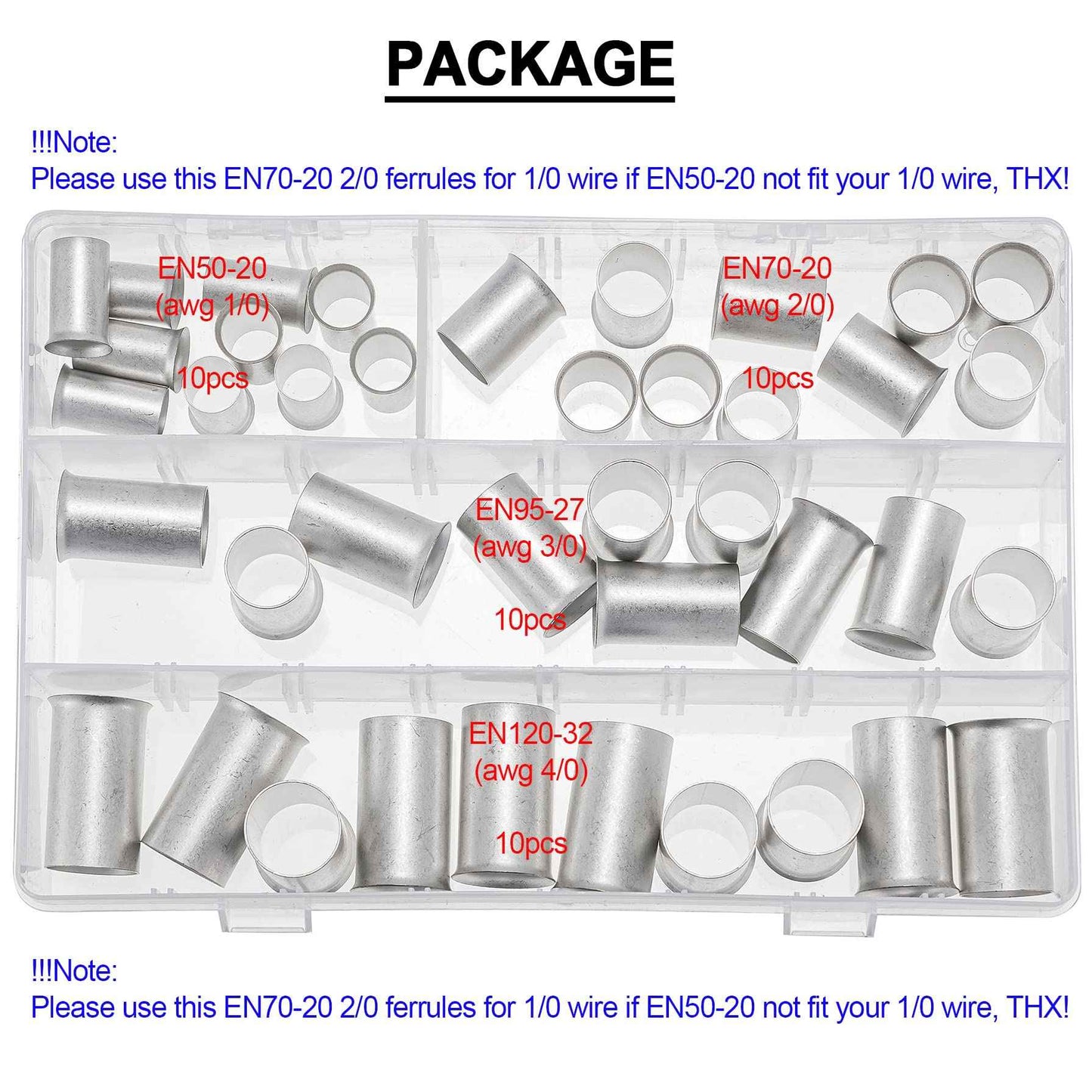 ROCKDIG 40PCS 4/0 3/0 2/0 1/0 Gauge Tinned Copper Wire Ferrules for Electrical Cable Ends Crimp Terminals Assortment Kit