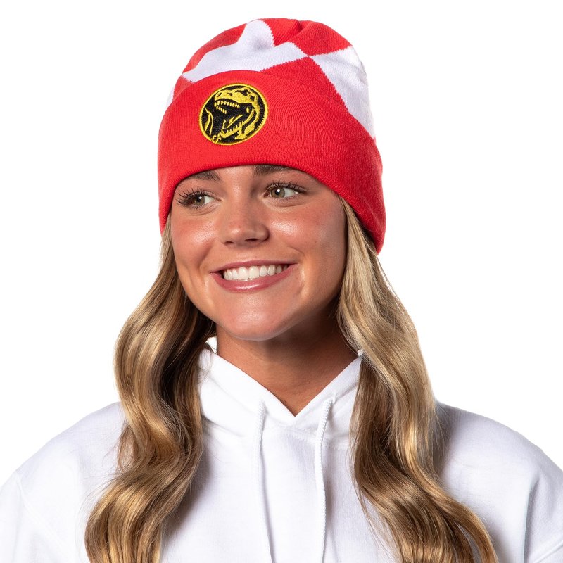 Red Ranger Beanie Mighty Morphin Power Ranger Embroidered Dino Coin Knit Cuff Adult Beanie Winter Cap OSFM for Men Women