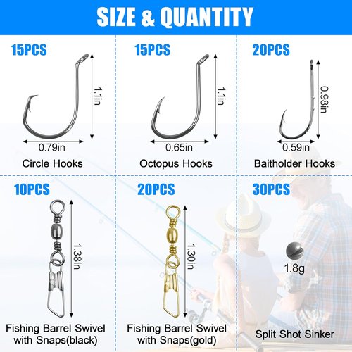 Fishing Terminal Tackle Kit - 110pcs Assortment of Snap Swivels, Octopus Hooks & Sinkers