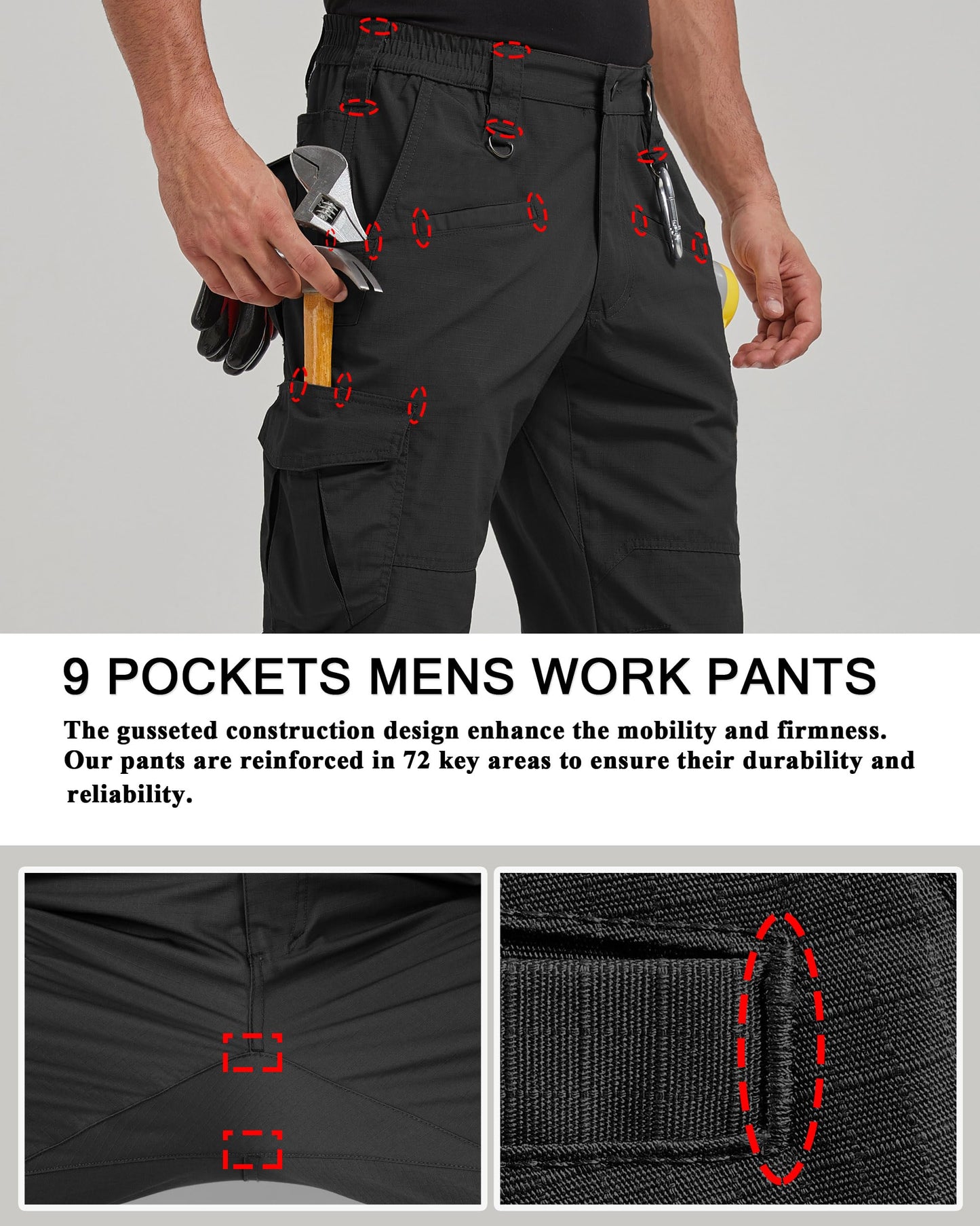 CNBQDD Mens Work Pants Construction Waterproof Cargo Pants Tactical for Men Ripstop Lightweight Outdoor Hiking Pants with Pockets Black 36Wx30L