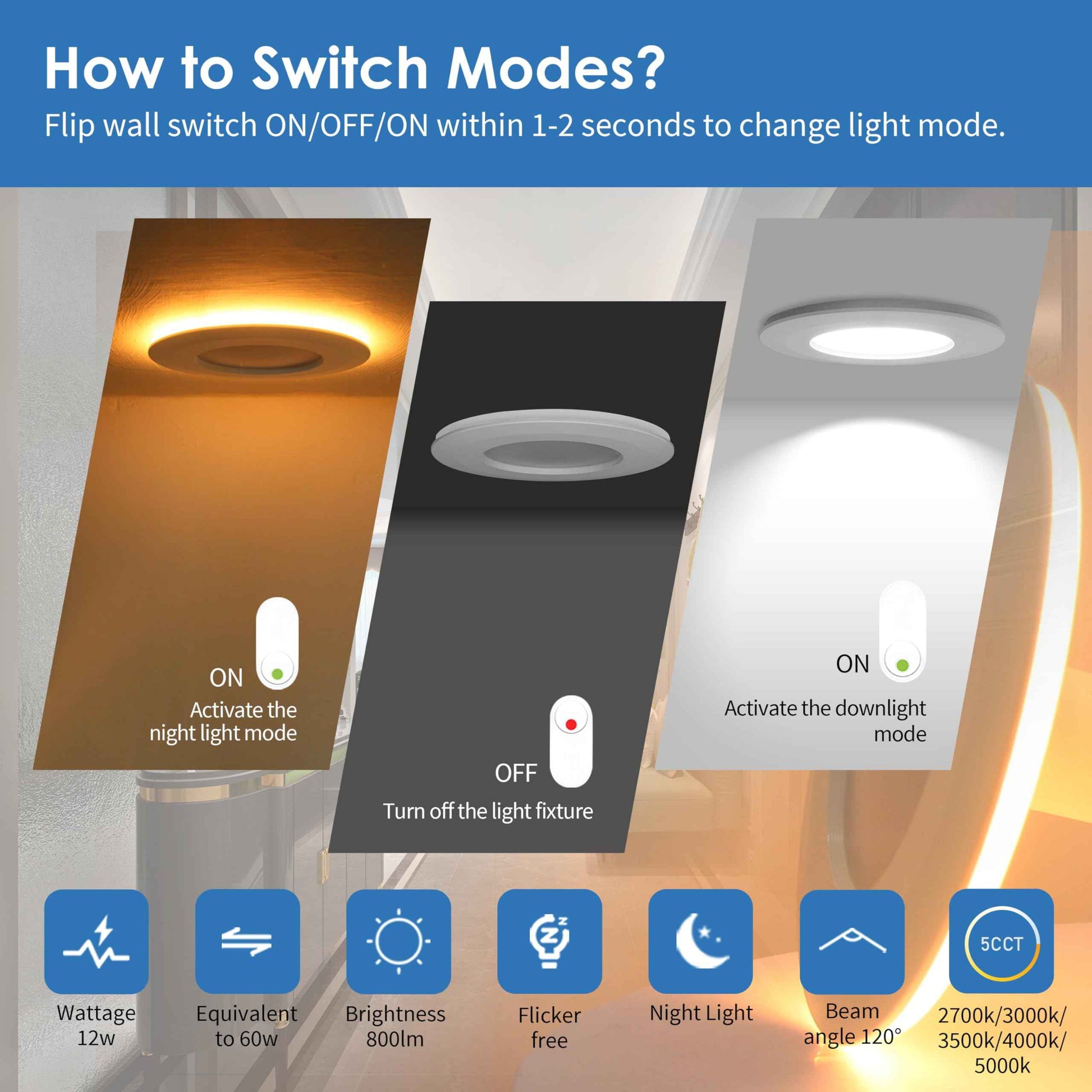 Jolux 5/6 Inch LED Recessed Lighting with Night Light,2700K/3000K/3500K/4000K/5000K Selectable Retrofit Downlight,12W=60W,800LM,Dimmable Can Lights, Damp Rated,Simple Installation,6-Pack