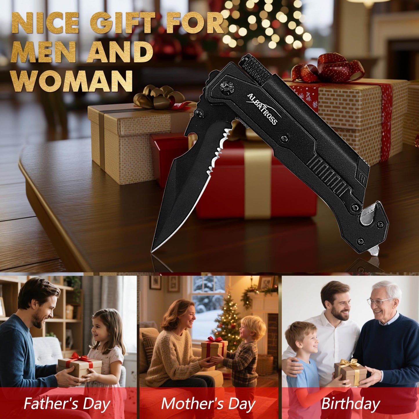 Father's Day, Mother's Day & Birthday Gifts For Men/Women: ALBATROSS 7-in-1 Tactical Survival Knife - Glass Breaker, Seatbelt Cutter, Serrated Steel Blade, Firestarter, LED Flashlight, Bottle Opener & Pouch | Military, Emergency, Outdoor Rescue Gear For D