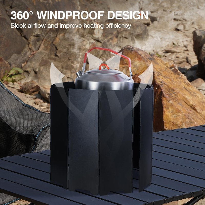 REDCAMP 9.5" High Folding Outdoor Stove Windscreen, 16 Plates Aluminum Camping Stove Windshield with Carrying bag, Lightweight Butane Burner Windshield, Black