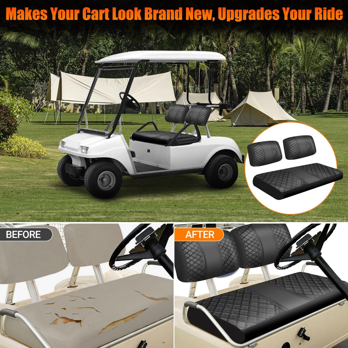 ZWPARTS Staple On Golf Cart Front Seat Covers Black Diamonds PU Leather Seat Covers Replacement for Club Car DS 1982-2000