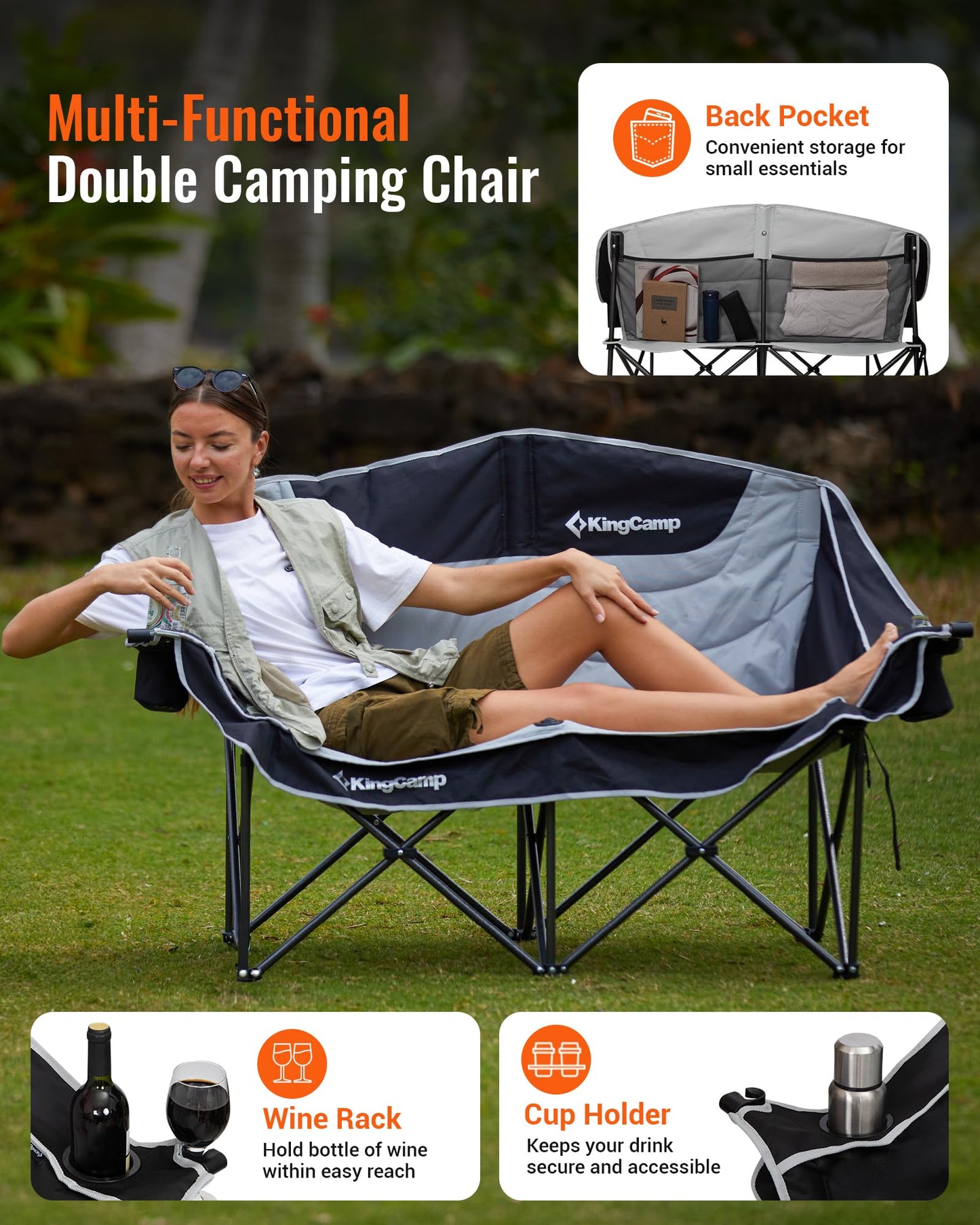 KingCamp Oversized Double Camping Chair, Heavy Duty 880lbs with Padded Seat & Cup Holders, 2 Person Loveseat Perfect for Outdoor Sports Family and Couples, Ideal for Lawn and Backyard, Black/Grey