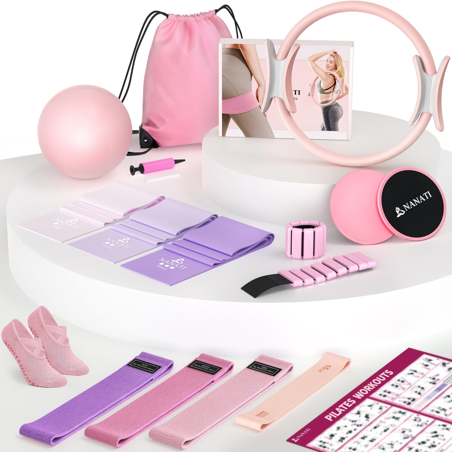 NANATI Pilates Kit 18PCS, Pilates Essentials Kit for Women Home Workouts, Pilates Equipment with 14.5" Pilates Ring and Ball,7 Resistance Bands,Ankle Weights,Sliders & Grip Socks for Beginners
