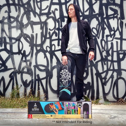 ARTEZA Customizable Skateboard Deck Art Kit – 31"x8" Matte Coated Maple Deck with Display Mount, Chrome Marker, White Pencil, Oil-Based Paint Markers & More