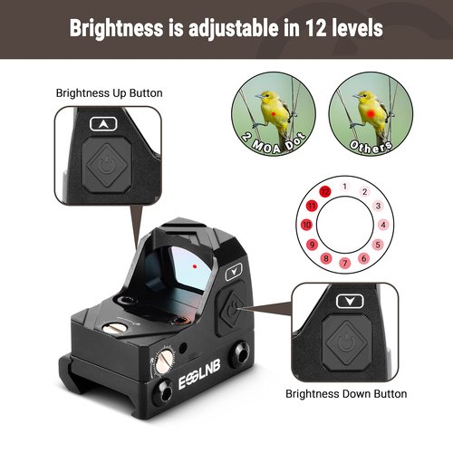 ESSLNB 2MOA Red Dot Sight, Reflex Sight, Red Dot Scope with Shake Awake and 12 Brightness Adjustment for 20mm/22mm Picatinny Rail Mount