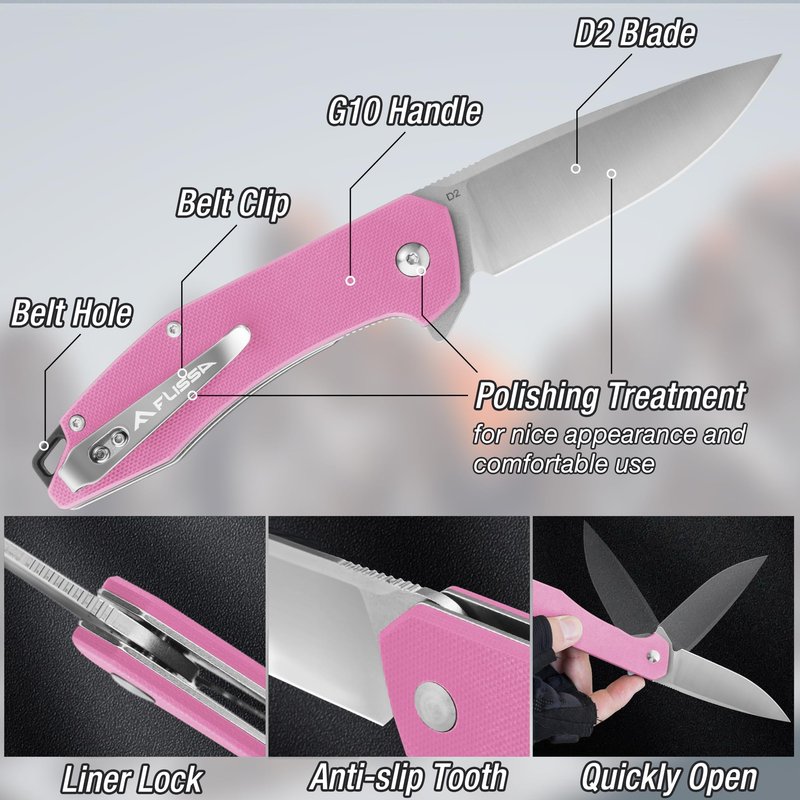 FLISSA Pocket Knife, Folding Tactical Knife with G10 Handle, D2 Blade, Liner Lock, Pocket Clip, EDC Knife for Hiking, Camping, Survival, Indoor and Outdoor Activities(Pink)