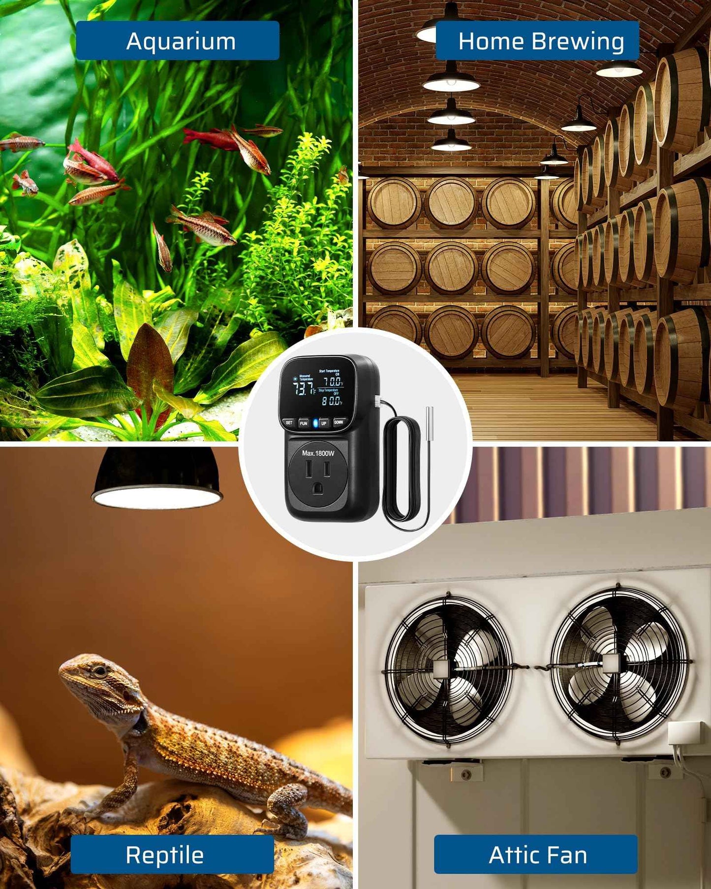 DEWENWILS Digital Temperature Controller, Heavy Duty 15A/1800W Thermostat Outlet Plug, VA Display Heating Cooling Control Timer, -40℉~210℉, Cyclic Timing/Countdown, for Greenhouse Incubator, Black