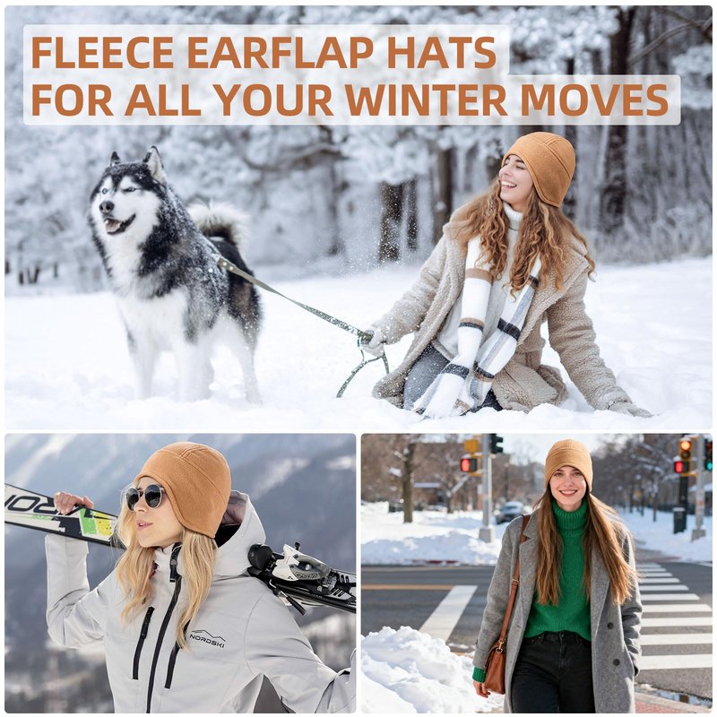 OZERO Winter Mens Beanies Hat: Windproof Thermal Warm Polar Fleece Beanie Hat with Earflaps - Ski Cycling Skull Caps for Men Women, Black