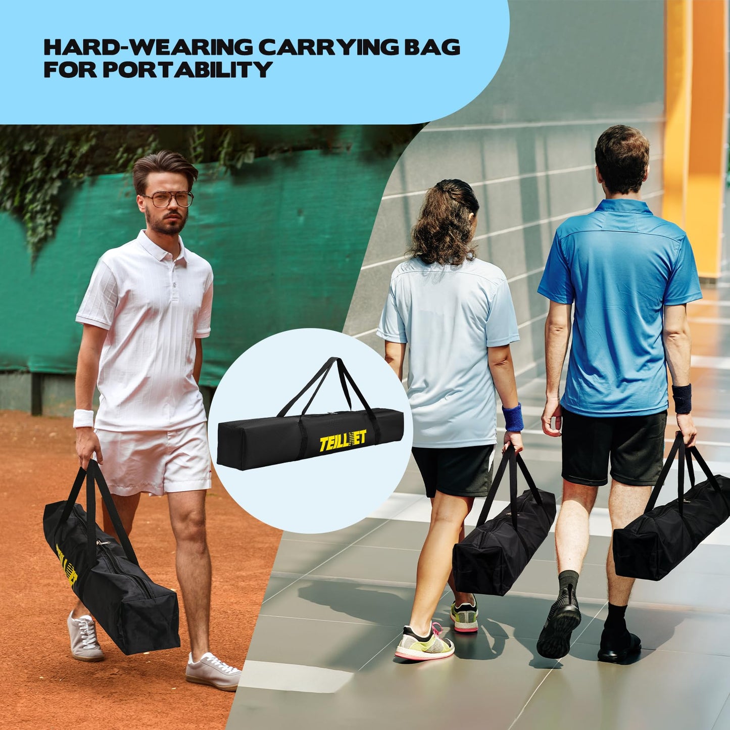 TEILLNET Pickleball Set with Net & Metal Ball Holder - Portable 22FT Regulation Size Net, 4 Wooden Paddles, 4 Balls and Carry Bag, Weather-Resistant Metal Frame, Perfect for Outdoor Indoor Driveway