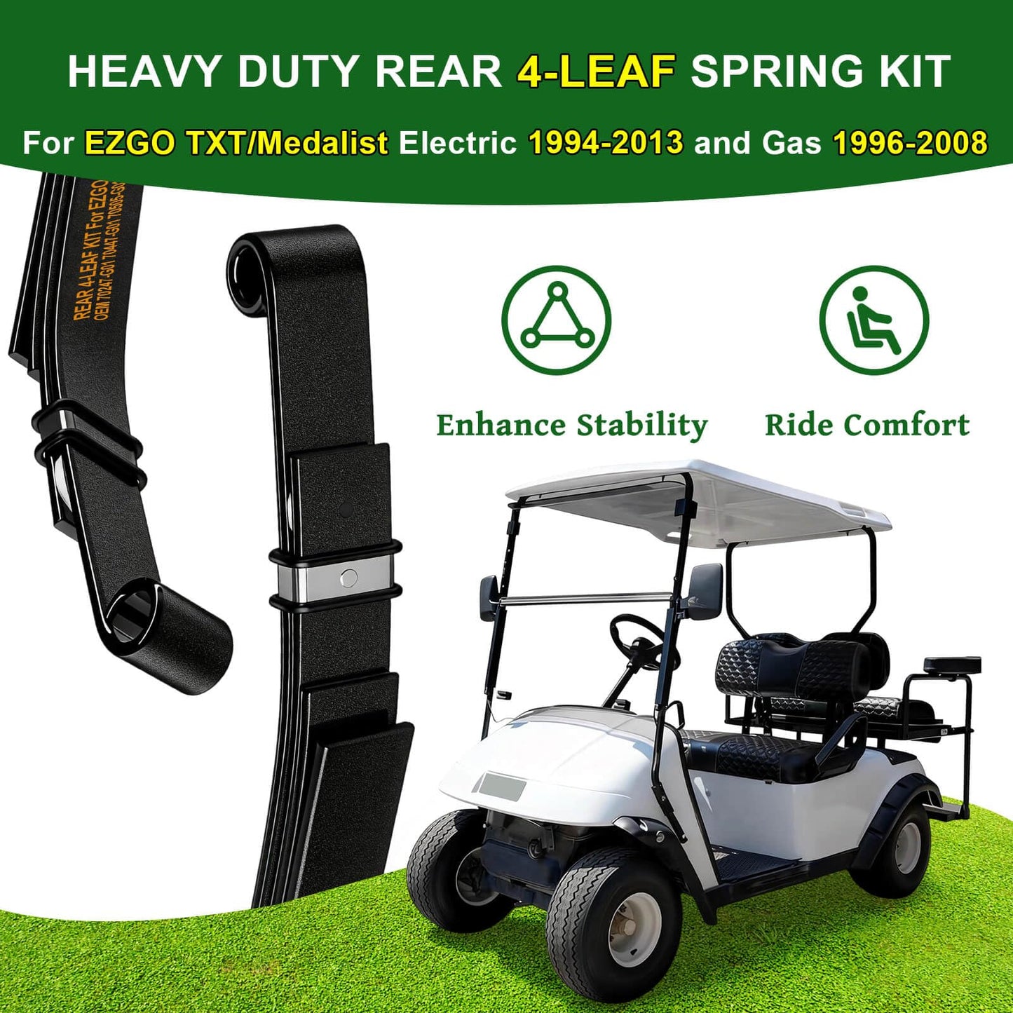 Cartalia Upgraded Heavy Duty Rear 4-Leaf Springs Kit for EZGO TXT/Medalist Electric 1994-2013 and Gas 1996-2008 Golf Cart Suspension with Bushings Sleeves & U-Bolts Replace OEM 74207-G01 Load Capacity
