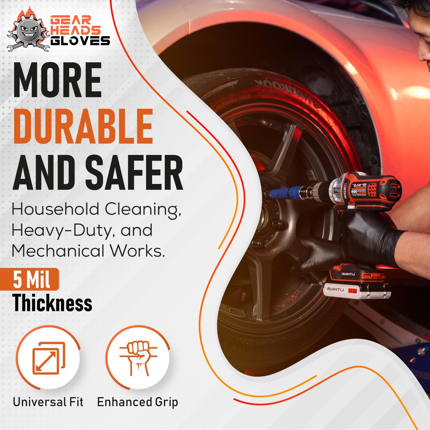 GEARHEADS Black Nitrile Disposable Gloves - 5 Mil Thickness, Chemical, and Food Safe, Latex-Free, Powder-Free, Textured Fingertips, Ideal for Mechanics, Cleaning, Food Prep (Large (Pack of 100))