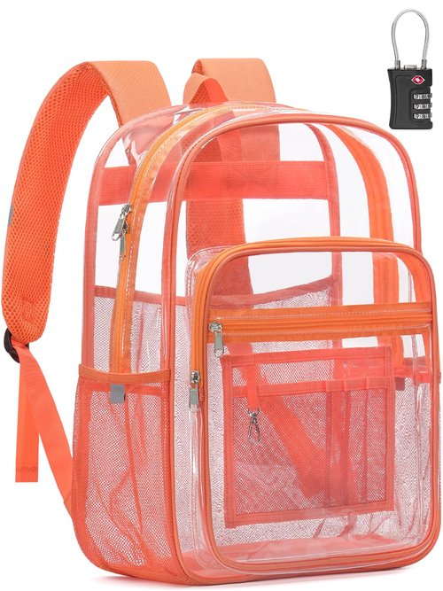 QOECI Clear Backpack Heavy Duty With A TSA Lock, 18 Inch Large Clear Back pack, Transparent See Through Bookbag for College, Work, Travel, Sport- Orange
