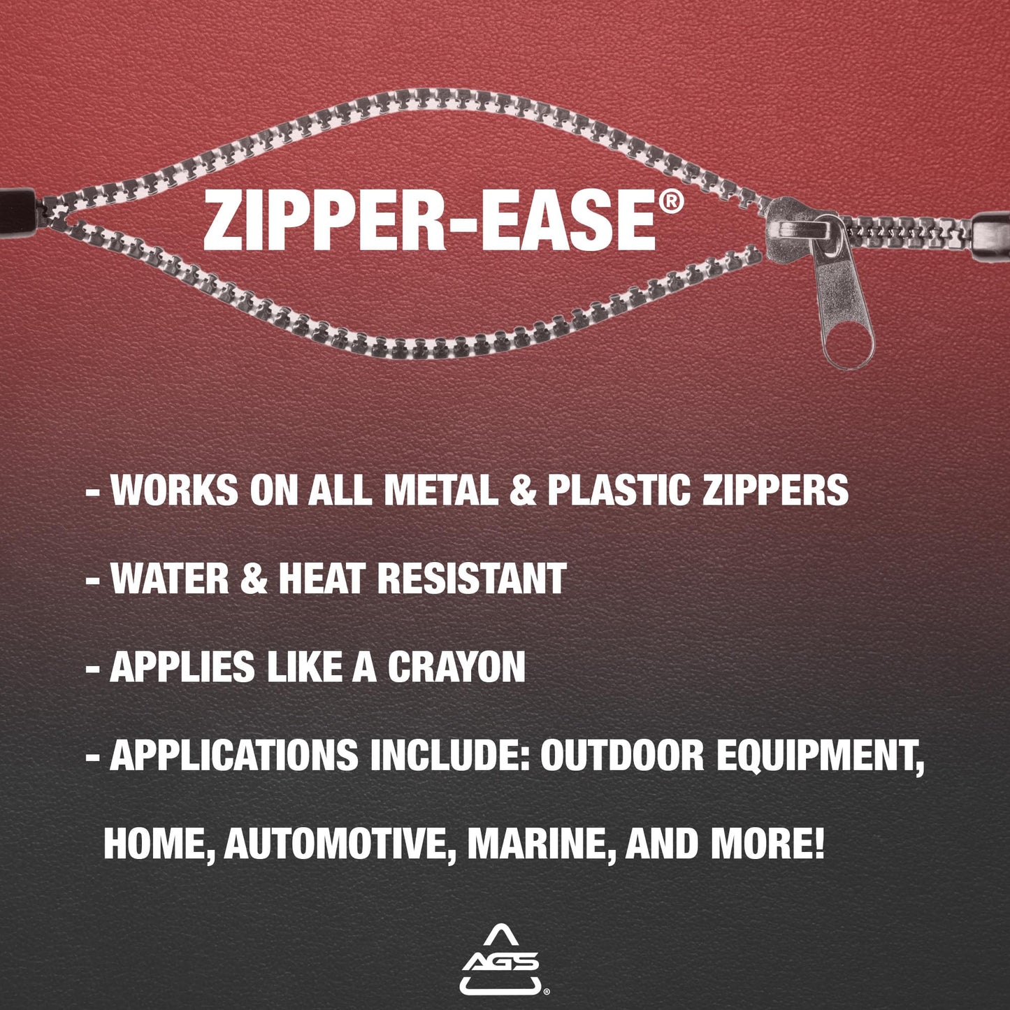 Zipper-Ease Lubricant Stick by AGS – Fix Stuck Zippers Instantly | Works on Metal, Plastic & Nylon Zippers | Stainless Wax Formula | Travel-Size 0.43 oz Stick for Jackets, Backpacks, Tents & Luggage