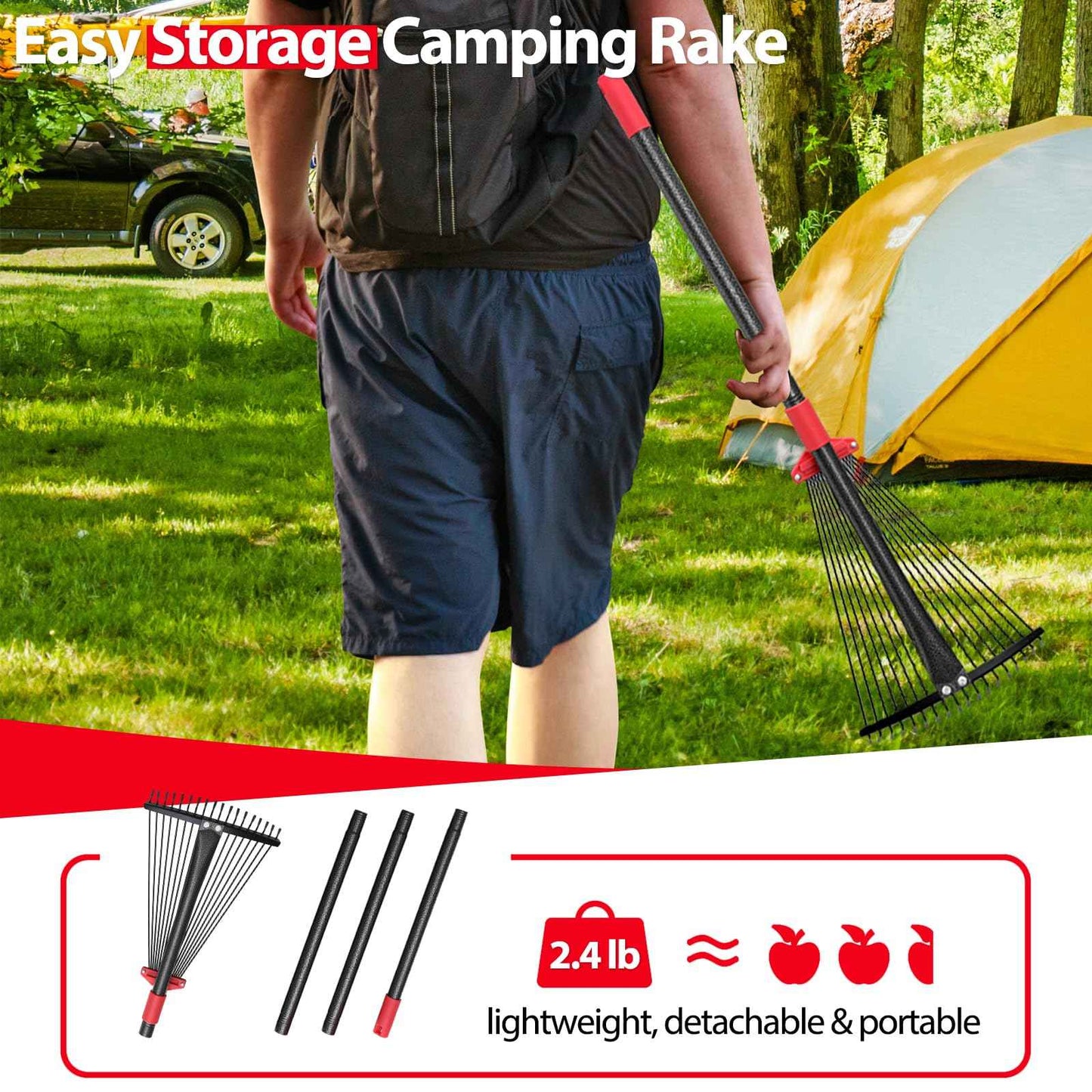 Rake, Adjustable Rakes for Leaves with 9”-17” Head, Rakes for Lawns Heavy Duty, 60 in Garden Rake with 18 Clog-Free Tines, Long Handle, Metal Gardening Tool, Fast Cleanup, Easy Carry for Camping