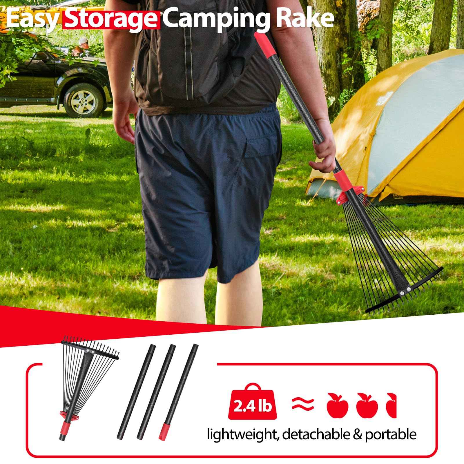 Rake, Adjustable Rakes for Leaves with 9”-17” Head, Rakes for Lawns Heavy Duty, 60 in Garden Rake with 18 Clog-Free Tines, Long Handle, Metal Gardening Tool, Fast Cleanup, Easy Carry for Camping