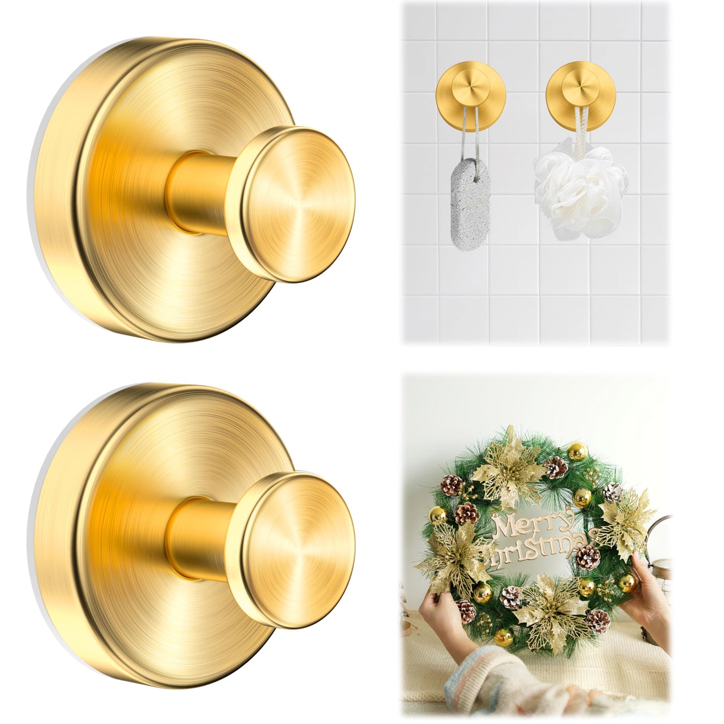 Suction Cup Hooks for Shower,Wreath Hanger for Front Door,Removable No Drill Waterproof Towel Loofah Hook,Upgraded 15 lbs Strong Suction Metal Hooks for Bathroom,Wall,Garland Glass Door-Gold 2 Pcs