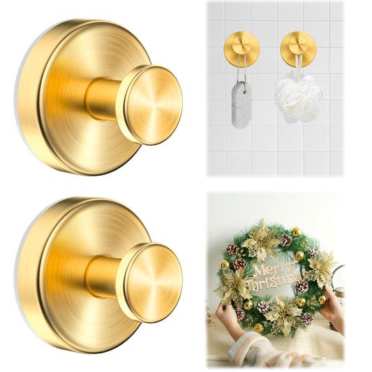 Suction Cup Hooks for Shower,Wreath Hanger for Front Door,Removable No Drill Waterproof Towel Loofah Hook,Upgraded 15 lbs Strong Suction Metal Hooks for Bathroom,Wall,Garland Glass Door-Gold 2 Pcs