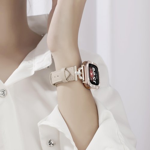 Leather Band Compatible with Fitbit Sense 2/Versa 4 Bands for Women, Dressy Leather Strap with Rhinestone D-Shape Metal Buckle with with Bling Case Cover (Fitbit Versa4/Sense2, Beige/Rose Gold)