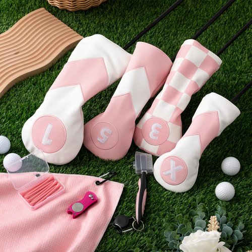 LaRandom 16 Pcs Golf Accessories Kit Include 4 Pcs Golf Club Head Covers, Ball Bag with Hook Towel Magnetic Ball Marker Tees Divot Tool Cleaner Brush for Gifts(Pink,Checkered)