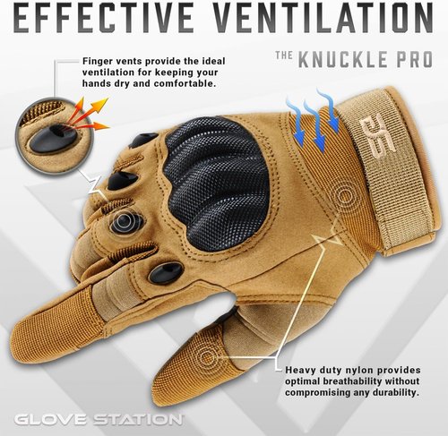 Glove Station Tactical Gloves - Touchscreen Utility Gear with Hard Knuckle Protection | Tan, Large Size for Motorcycle, Airsoft, and Outdoor Work