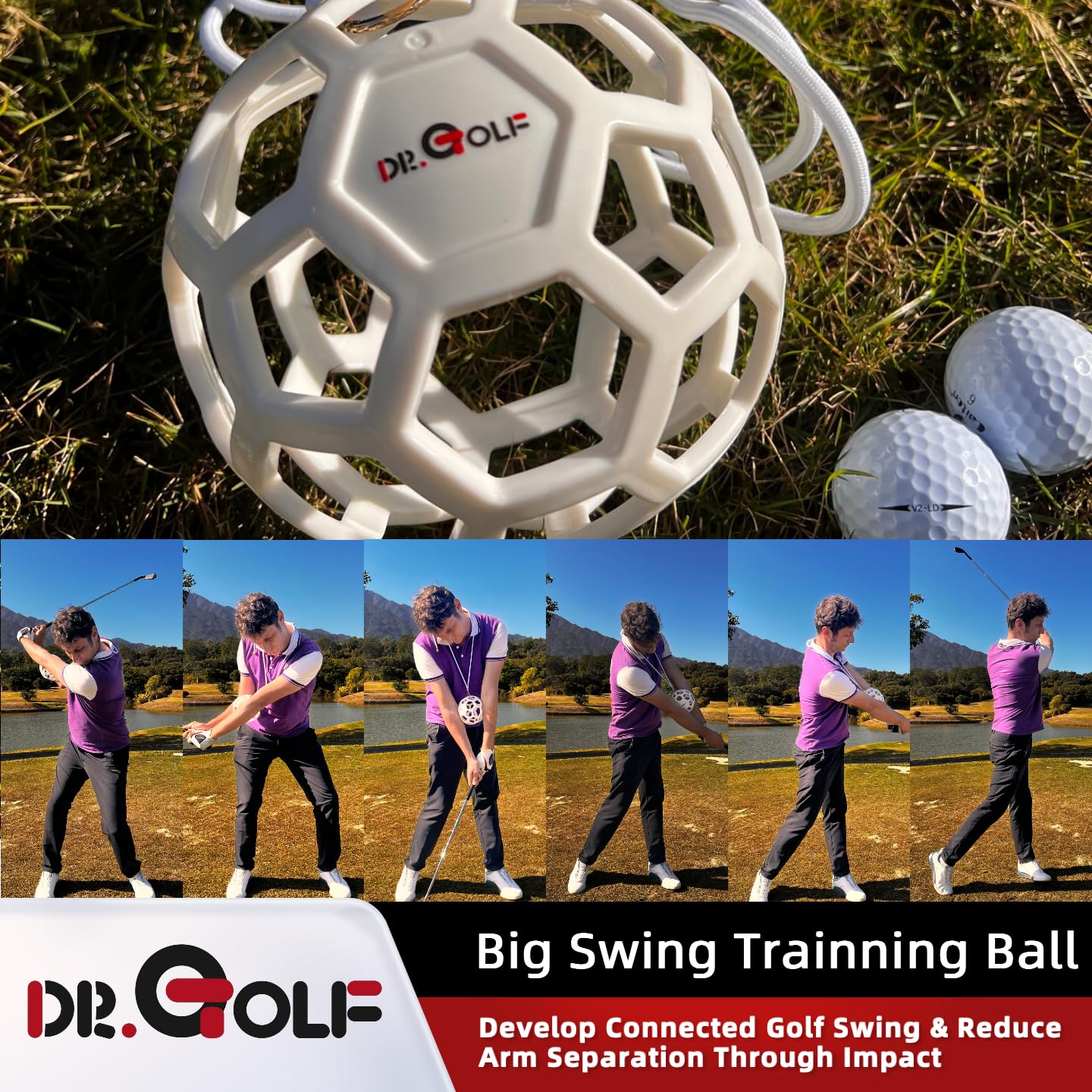 Dr. Golf Big Swing Training Ball - Advanced Muscle Memory Trainer for Arm-Hand Synchronization, Develop Connected Golf Swing & Reduce Arm Separation Through Impact (White)