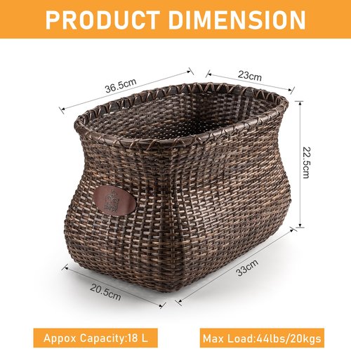 Bike Basket Rear, Handmade Rattan Bicycle Baskets with Waterproof Cover, Cruiser Bike Baskets for Women’, Retro Style Bike Baskets for Adult Bikes and Ebike