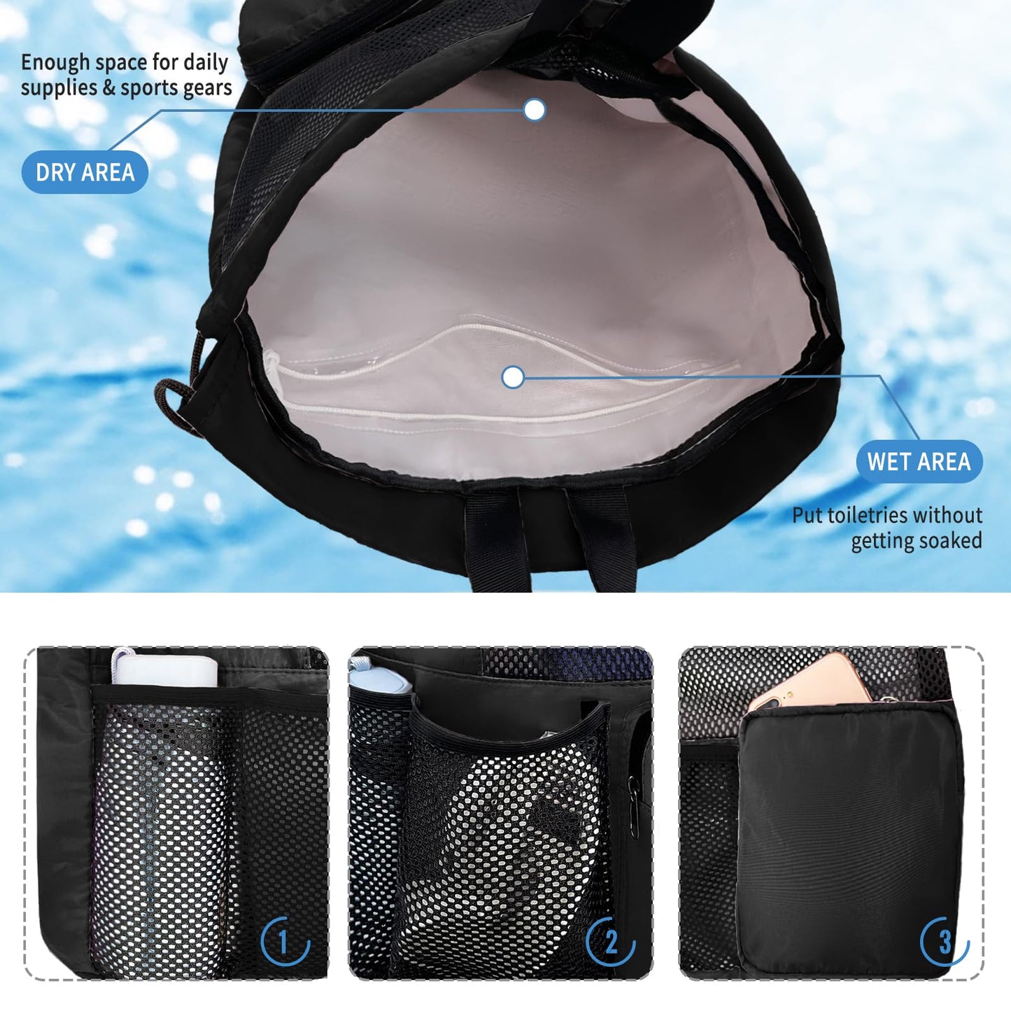 lifwimner Swim Bag Mesh Beach Drawstring Backpack with Wet Pocket Waterproof for Gym Workout Men Women (Black)