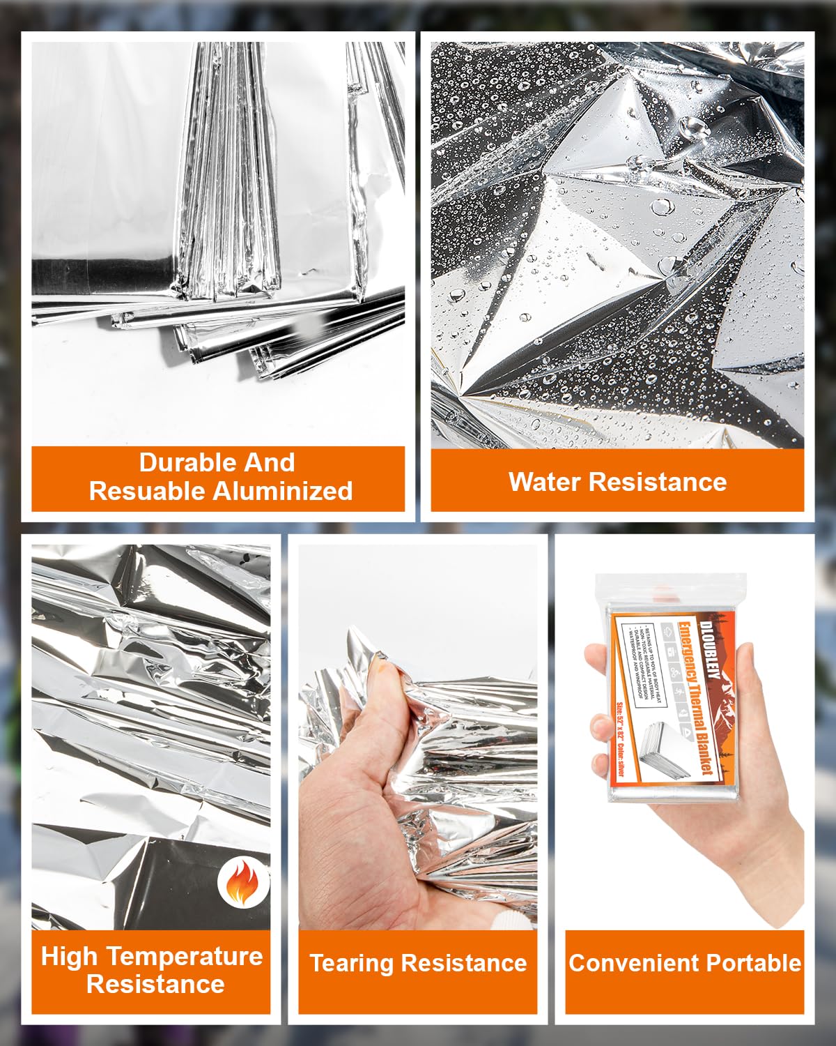 DLOUBLEIY 20-Pack Emergency Thermal Blankets, Heavy Duty Mylar Space Blanket with Ultimate Body Heat Retention for Camping Survival Kit, Car Emergency and Hiking, Waterproof & Windproof