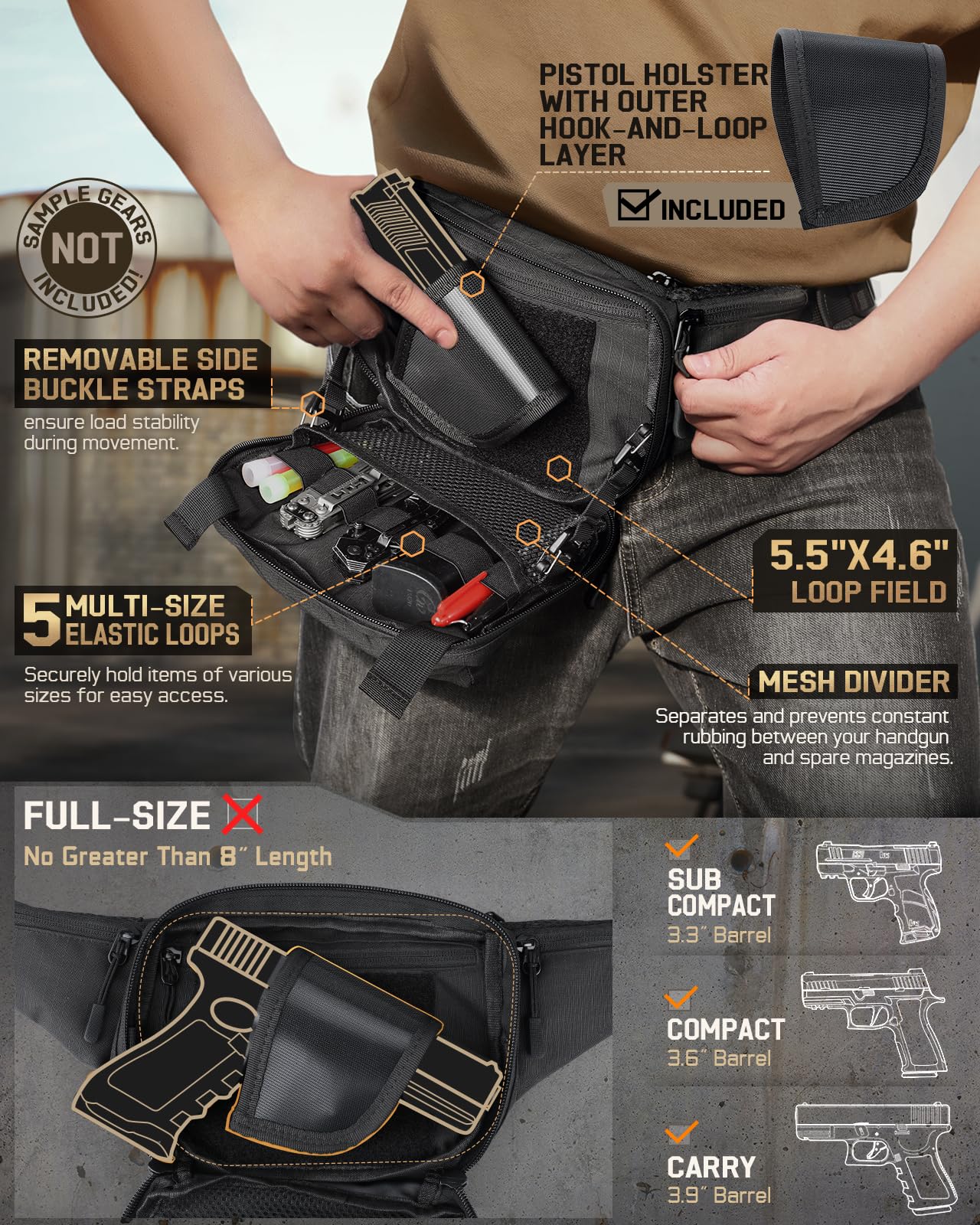 RXW Tactical Concealed Carry Fanny Pack, CCW Fanny Pack, Waist Bag for Men, Hip Bag Compact Belt Bag for Hiking, EDC Waist Pack(Adjustable Up to 60" Waist)