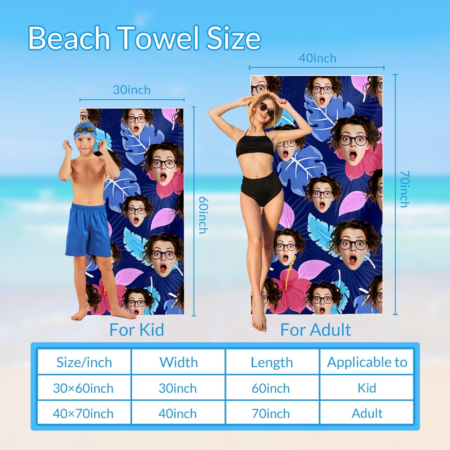 UNIKITTY Personalized Beach Towels, Kids Beach Towel, 40"x70" Quick Dry Microfiber Vacation Accessories for Women Men, Custom Gifts with Photo/Text/Logo/Face