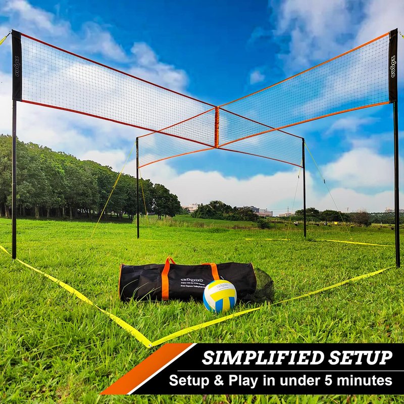 4-Way Volleyball and Badminton Net Combo Game Set - 20ft x20ft Adjustable Height Four Square Volleyball Game net for Backyard and Beach, Coming with Soft Volley Ball, Rubber Hammer with Carry Bag
