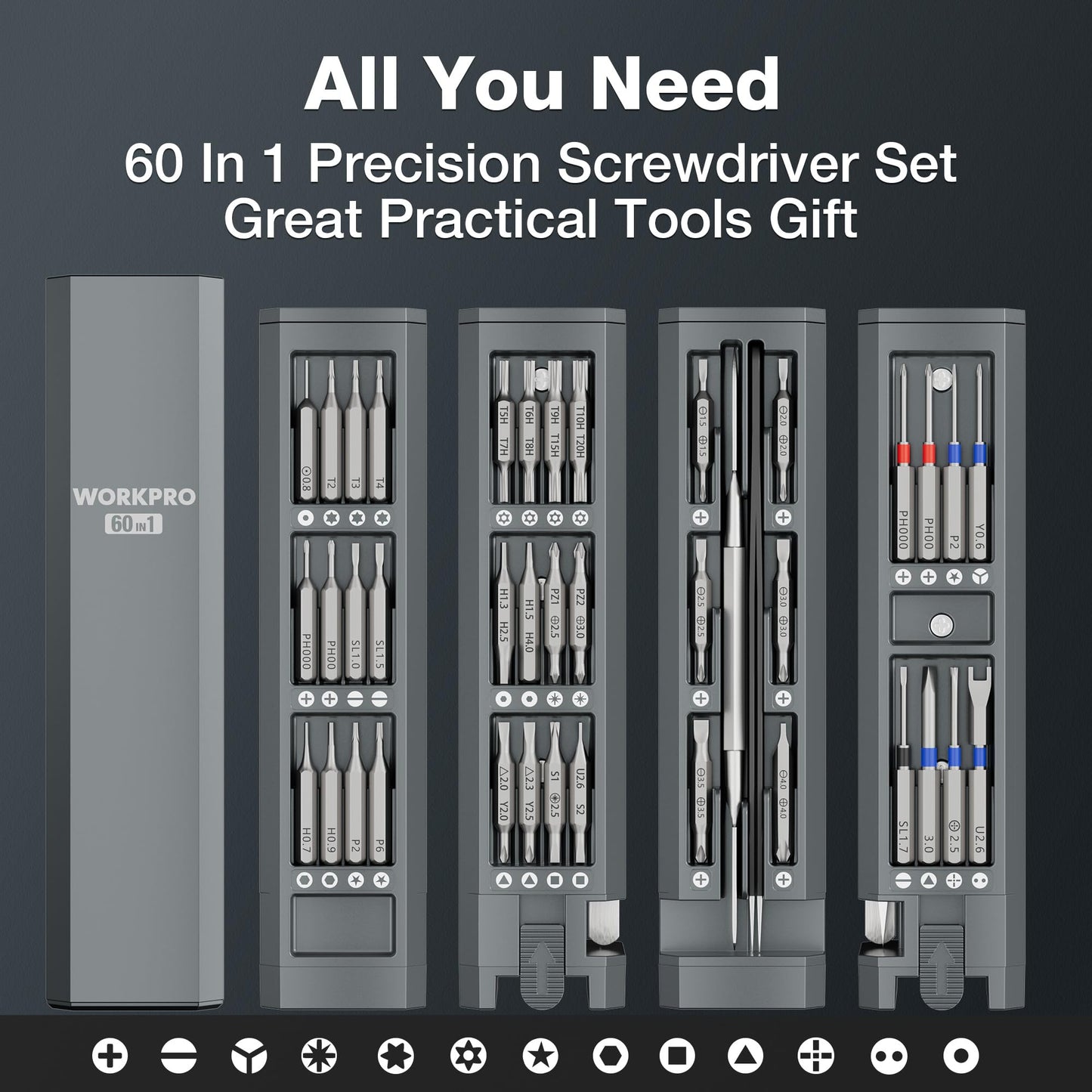 WORKPRO 60-in-1 Precision Screwdriver Set with Pop-up Magnetic Case, Well-organized CRV Small Screwdrivers, 360°Spin Mini Screw Driver Kit for Electronics, Phone, Computer, PC, Watch, Eyeglass