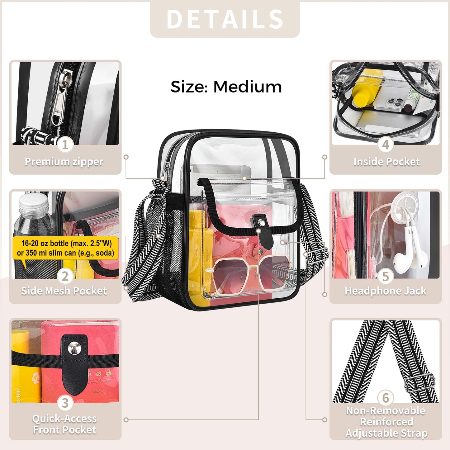 SPODEARS Black Clear Crossbody Bag with Guitar Strap for Stadium, Concert, Festival & More - Adjustable Shoulder Strap & Bottle Holder, Medium