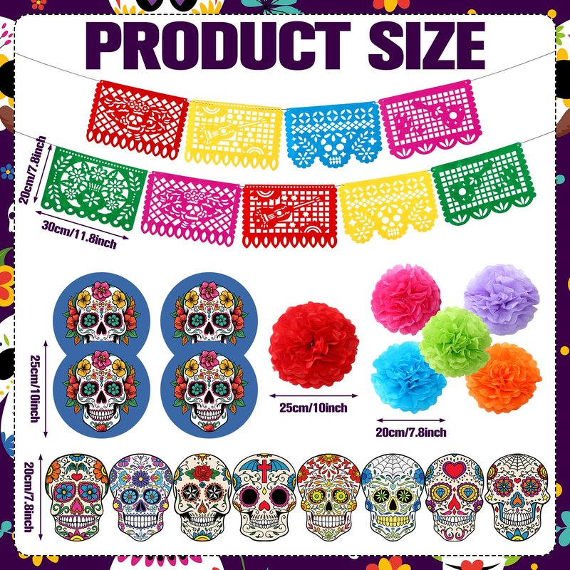 Faccito 19 Pcs Day of The Dead Golf Cart Decorations Dia De Los Muertos Car Decoration Picado Fiesta Banner Pom Poms Sugar Skull Stickers for Halloween Golf Cart Party Decor