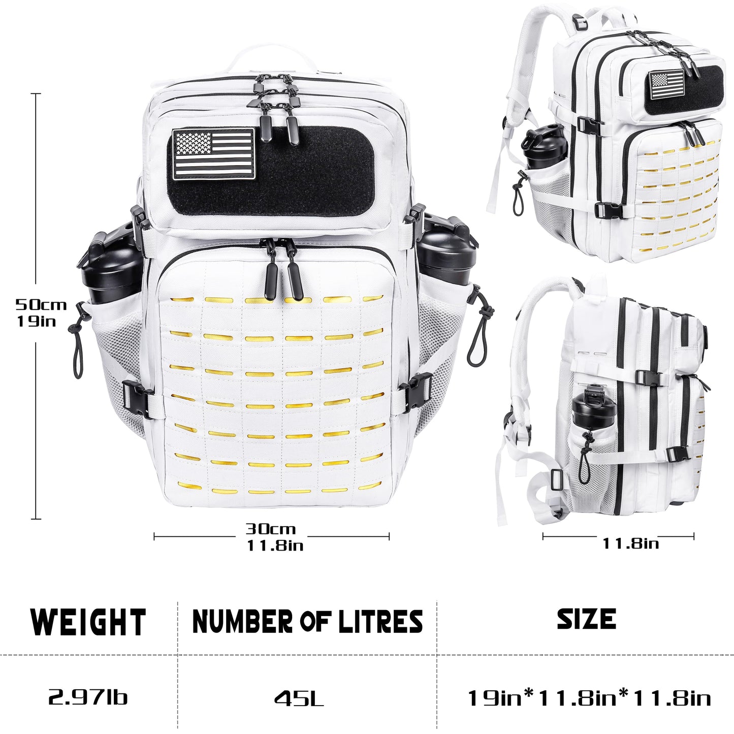 LHI Tactical Military Backpack for Men and Women 45L Large Molle Army Assault Pack 3 Day Travel Backpacks - White