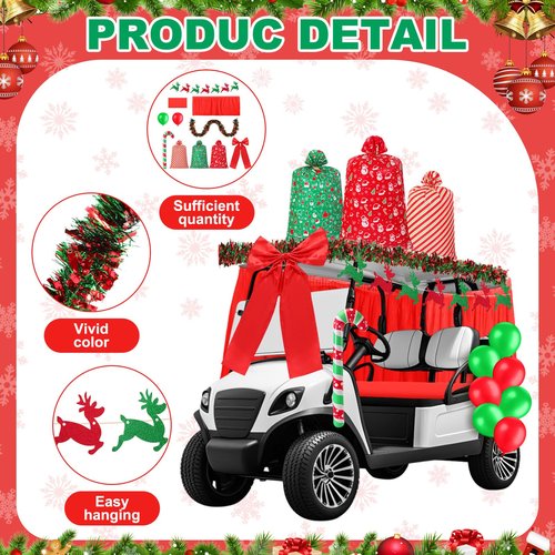Soulchen 71 Pcs Christmas Golf Cart Decorations Xmas Gift Themed Decor Kit Jumbo Plastic Christmas Drawstring Gift Bags Balloons Tinsel Garlands Glitter Elk Banner Giant Bow for Golf Cart Supplies