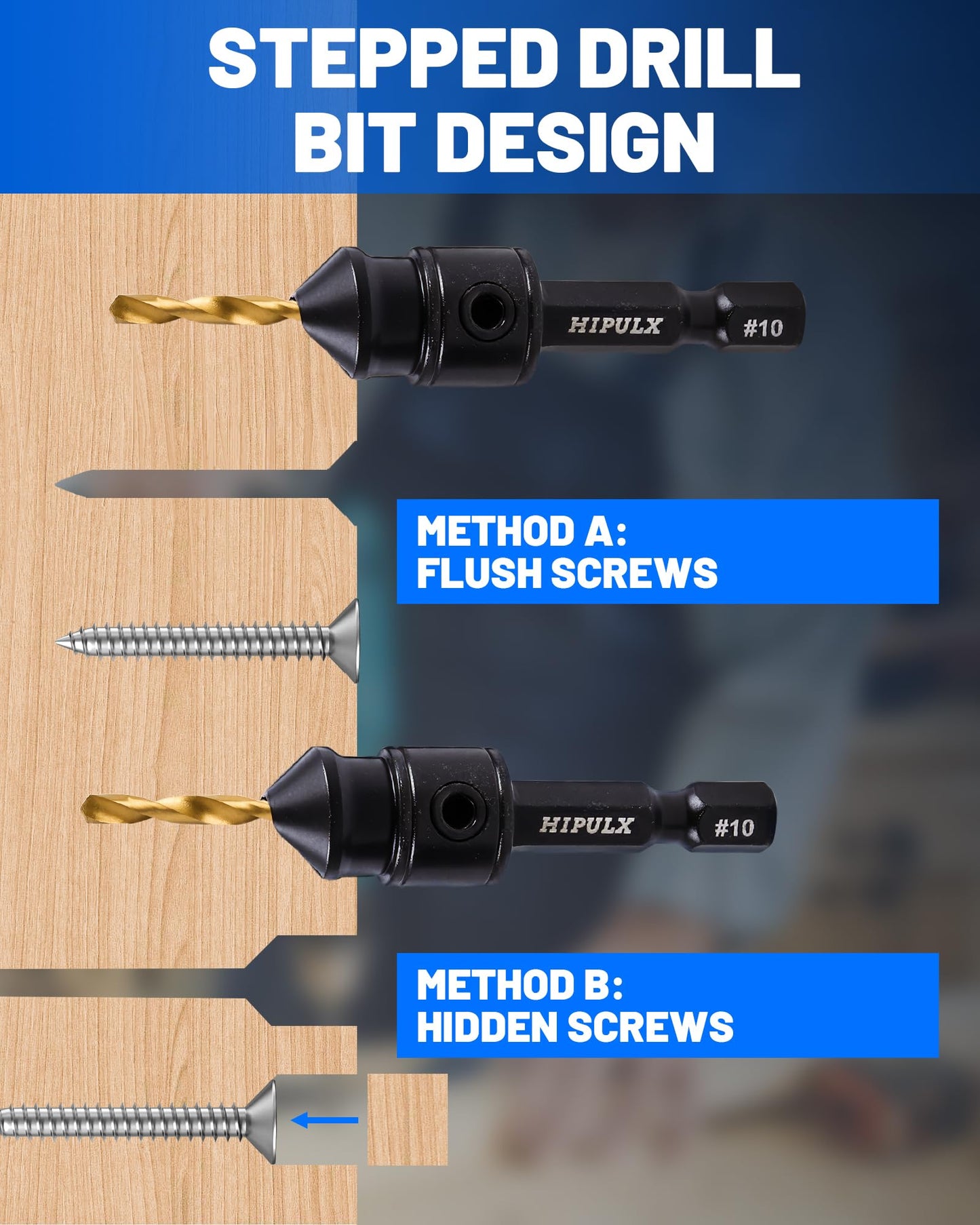HIPULX Countersink Drill Bit Set for Wood - 14 PCS Counter Sink Drill Bits Adjustable #4, #6, #8, #10, #12, 1/4" Hex Shank, with Magnetic Extension bit Holder & Storage Box