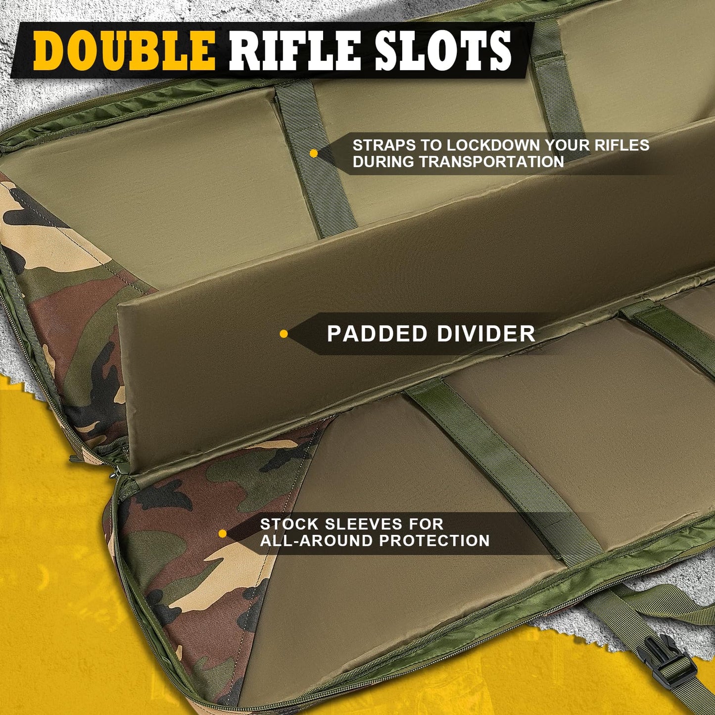 DULCE DOM Double Rifle Case, Soft Tactical Backpack for Hunting Shooting Range, Dual Storage Gun Bag for 2 Rifles & Pistols with Lockable Zippers & MOLLE System(Camo, 36", Stowaway Backpack Straps)