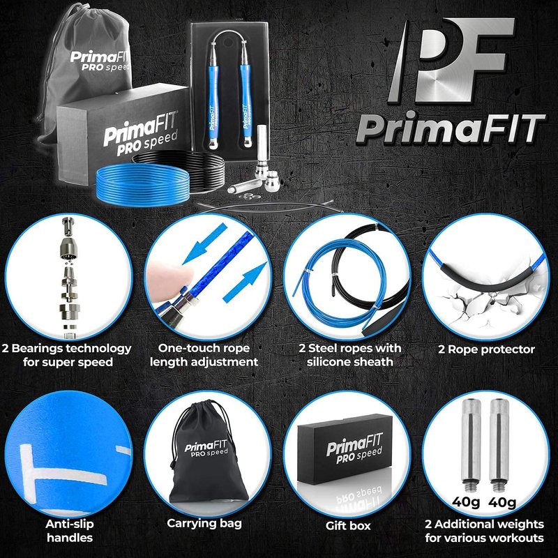 PrimaFIT Jump Rope Pro Speed Skipping Rope Adjustable Adult Jumping Rope Weighted Aluminium Handles for Double Dutch Boxing Workout Crossfit Exercise Fitness Spare Cable Weights Protectors Carry Bag