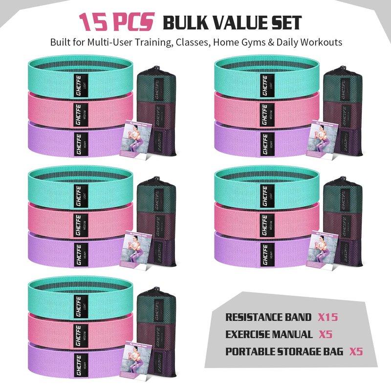 GHCTFE 15PCS Booty Bands for PT& Yoga Class, Athletes Training, Home Gym Exercise, Non-Slip Fabric Resistance Bands Bulk Set for Glute, Leg Bands for Women, 3 Resistance Levels with Carry Bag