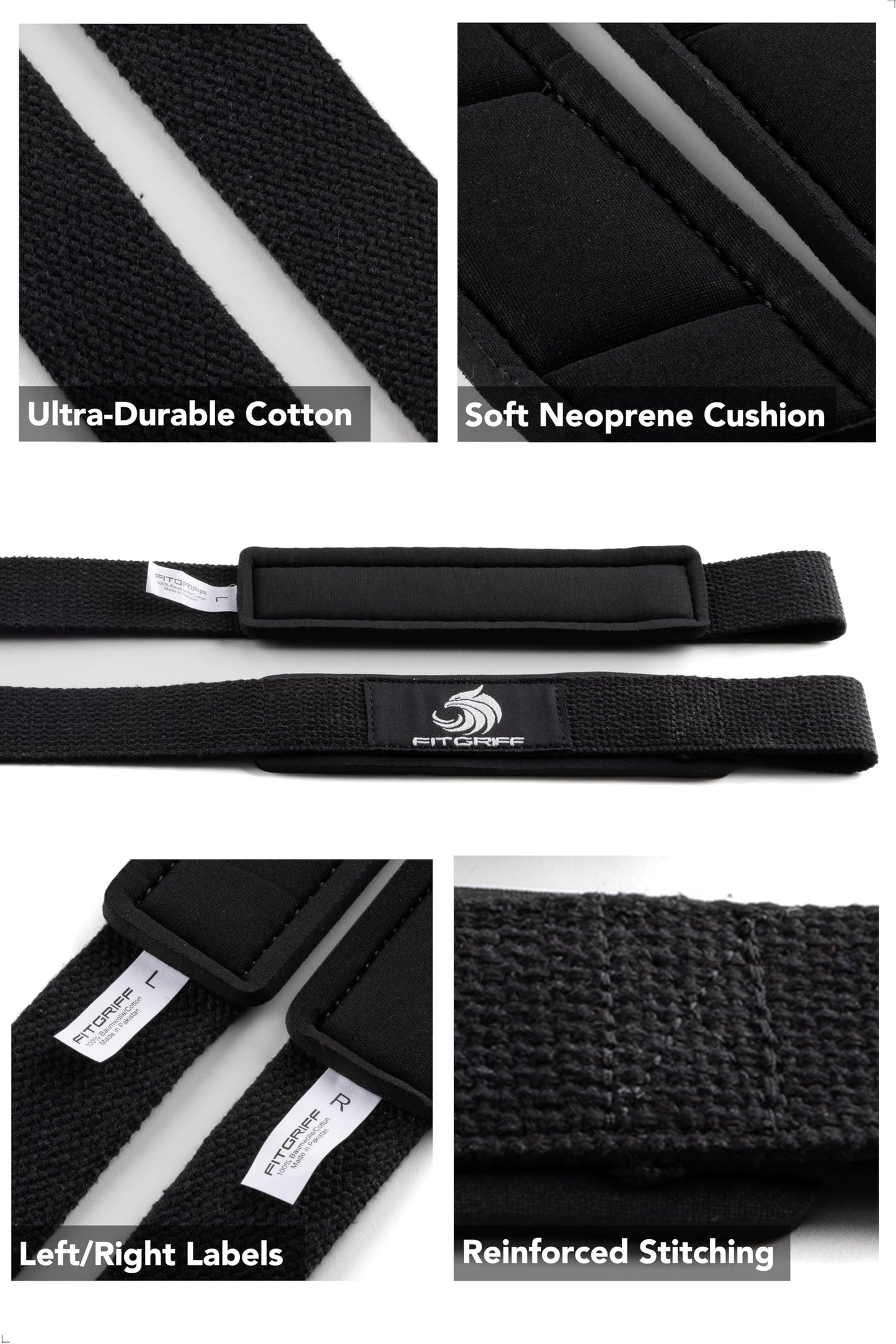 Fitgriff® Lifting Wrist Straps for Weightlifting, Gym, Deadlift, Workout (Made of Premium Cotton & Padded) - Men & Women (XS, Black-Original)