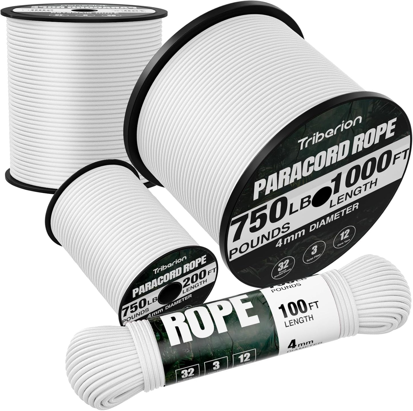 Paracord Rope 750 lb | 1000ft Heavy-Duty 12-Strand Parachute Cord - Versatile White Survival & Camping Gear
