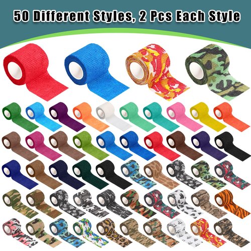 Threlaco 100 Rolls Self Adhesive Bandage Wrap Breathable Elastic Cohesive Bandage Non Woven Medical Wrap Colorful Ankle Tape for Stretch Athletic, Sports, Wrist(Sports Style,2 Inch X 5 Yards)