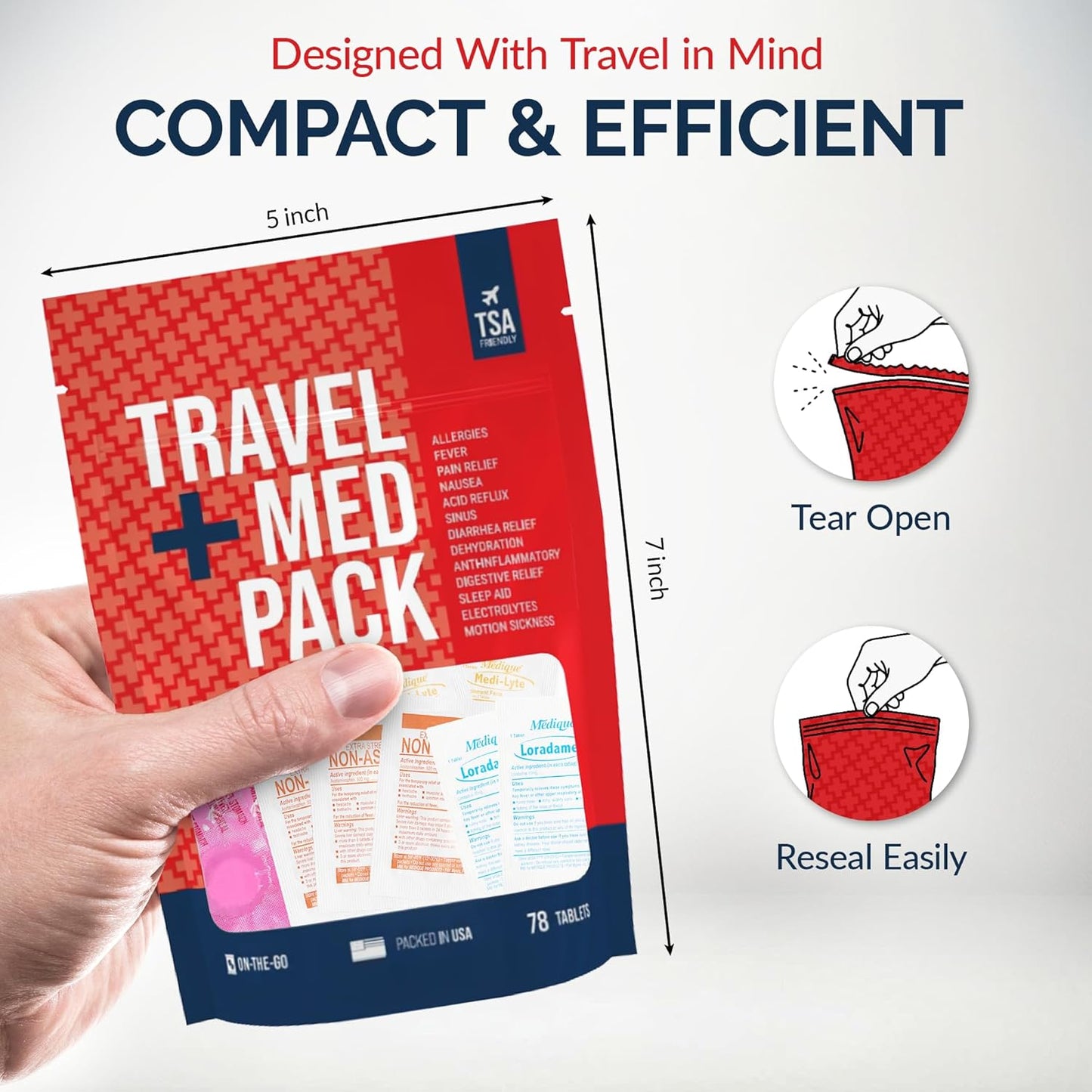 Travel Medicine Kit - 78-Piece TSA-Friendly Med Pack | Essential Individually Wrapped Medications for Travel
